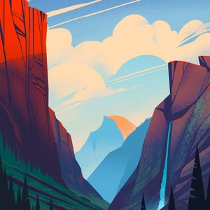 A stylized digital illustration of a deep mountain valley featuring towering red and purple cliffs on either side. A waterfall cascades down the right cliff face, while dark green pine trees line the base. The sky is blue with clouds.