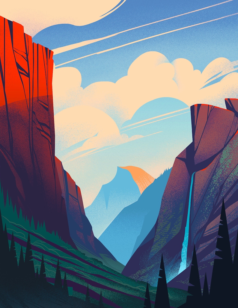 A stylized digital illustration of a deep mountain valley featuring towering red and purple cliffs on either side. A waterfall cascades down the right cliff face, while dark green pine trees line the base. The sky is blue with clouds.