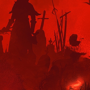May include: A dark silhouette of a figure standing in a red, grainy, and textured background. The figure is in front of a graveyard with a baby carriage and a skull with a glowing red light on top.