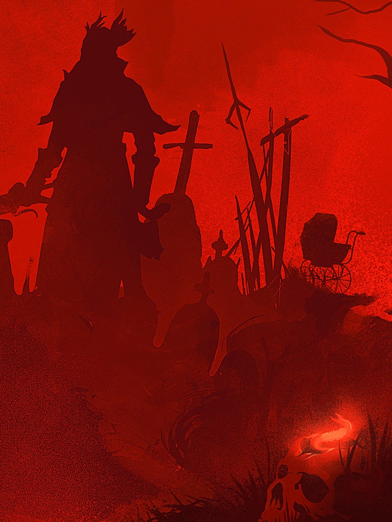 May include: A dark silhouette of a figure standing in a red, grainy, and textured background. The figure is in front of a graveyard with a baby carriage and a skull with a glowing red light on top.