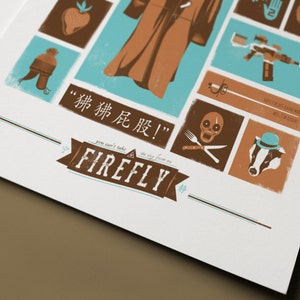 The bottom of the poster depicts objects from the show Firefly including a badger in a hat, a rapier, a machine gun, Jayne's hat, and a curse in Chinese. The very bottom says Firefly, You can't take the sky from me. Has a white border.