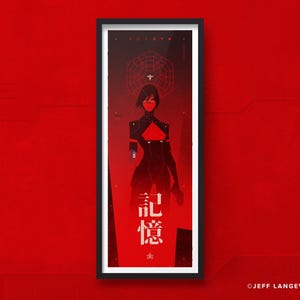 Puede incluir: Una impresión artística vertical enmarcada que muestra una figura estilizada con traje negro sobre un fondo rojo vibrante. La figura tiene un halo geométrico, sostiene un arma de fuego pequeña y se sitúa sobre los caracteres kanji japoneses.