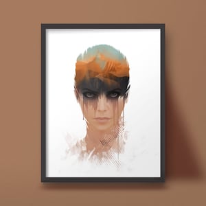 May include: A digital painting of a person with short, dark hair. The person's face is partially obscured by a landscape scene in shades of orange, brown, and blue. The person has dark eyes and a serious expression.
