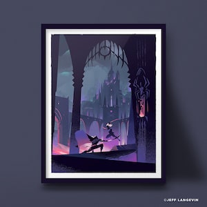May include: Framed art print depicting a fantasy scene with two figures in combat on a bridge. The artwork features a dark color palette with a castle in the background and the text "© JEFF LANGEVIN" at the bottom.