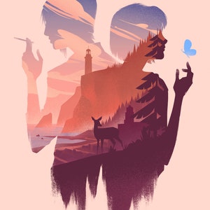 This video game poster depicts sunset hour on the coast of the fictional Oregon town of Arcadia Bay, with the figures Chloe and Max providing a frame.