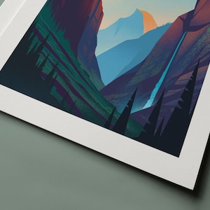 May include: A rectangular art print featuring a stylized landscape illustration of a deep mountain valley with dark green pine trees in the foreground, steep rock walls on the sides, and a distant blue mountain peak under a soft light.