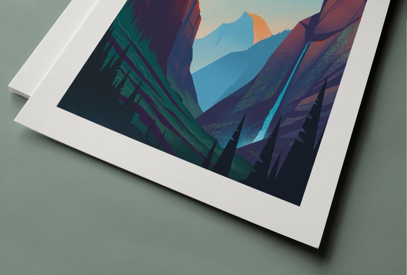 May include: A rectangular art print featuring a stylized landscape illustration of a deep mountain valley with dark green pine trees in the foreground, steep rock walls on the sides, and a distant blue mountain peak under a soft light.