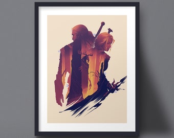 Witcher art print, Geralt, Ciri game poster