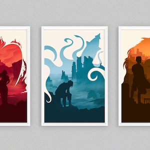 May include: Set of three framed art prints. Each print features a silhouette design with a person in the foreground and a detailed background. The color palettes include red, blue, and orange, with a white border.