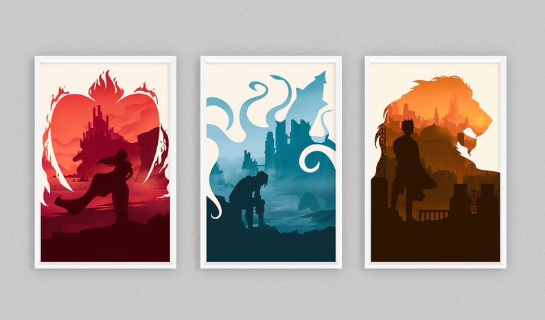May include: Set of three framed art prints. Each print features a silhouette design with a person in the foreground and a detailed background. The color palettes include red, blue, and orange, with a white border.