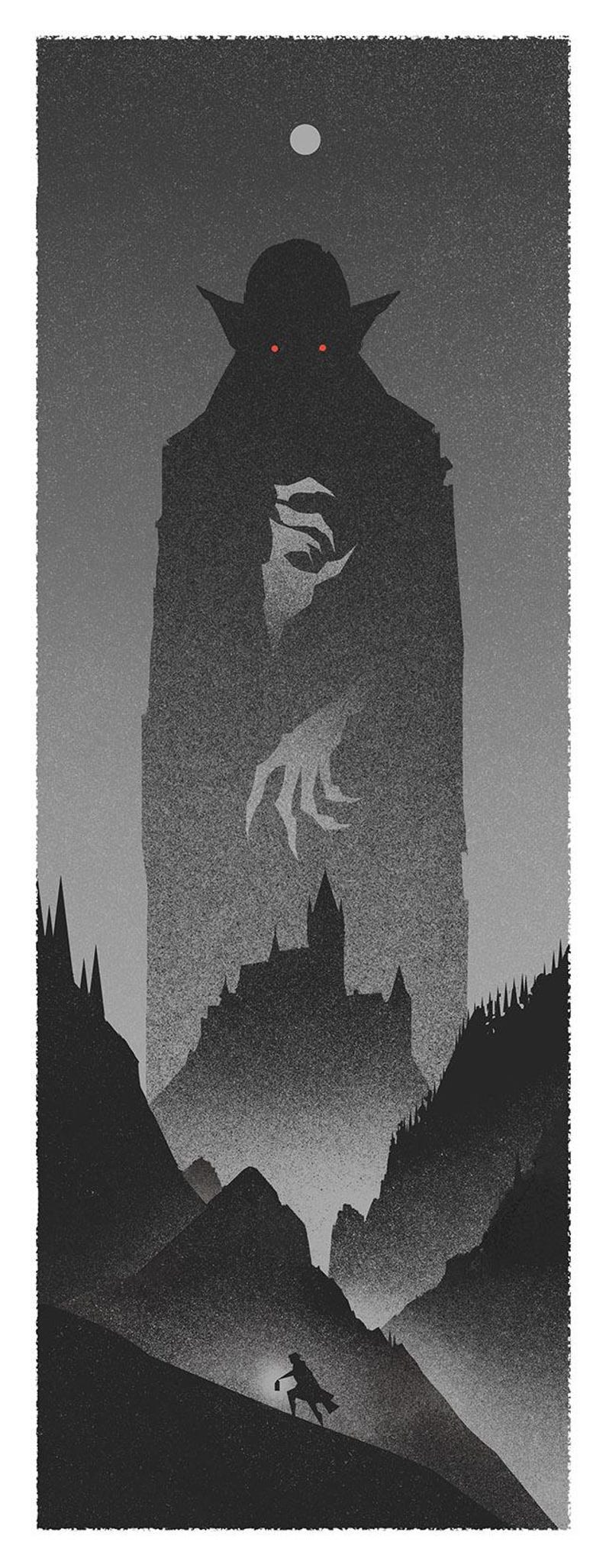 Puede incluir: Ilustraci&oacute;n en escala de grises de una figura imponente y amenazante con ojos rojos brillantes, un castillo y una persona con una linterna en un paisaje monta&ntilde;oso. La obra evoca misterio y horror.