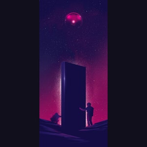 This image depicts the eye of HAL 9000 hovering in a starry sky above a monolith standing on rocky ground. To the left of the monolith is an ape, to the right is an astronaut. Colors are purple and neon pink. Print has a white border.