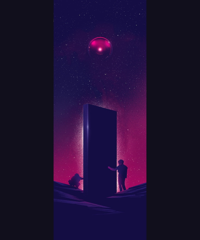 This image depicts the eye of HAL 9000 hovering in a starry sky above a monolith standing on rocky ground. To the left of the monolith is an ape, to the right is an astronaut. Colors are purple and neon pink. Print has a white border.