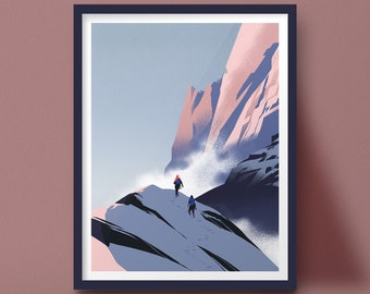 Mountaineering art print, alpinist landscape illustration