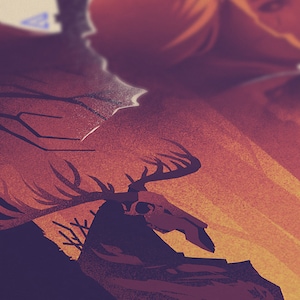 A digital illustration of a monster with a deer skull with antlers, set against a background of orange and tree trunks. The skull is in the foreground and is partially obscured by a dark, leafy branch.