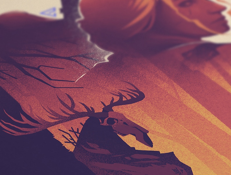 A digital illustration of a monster with a deer skull with antlers, set against a background of orange and tree trunks. The skull is in the foreground and is partially obscured by a dark, leafy branch.