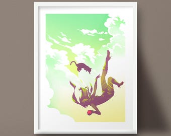 Gravity Rush Kat and Dusty Art Print Flying through Clouds and Sky Design