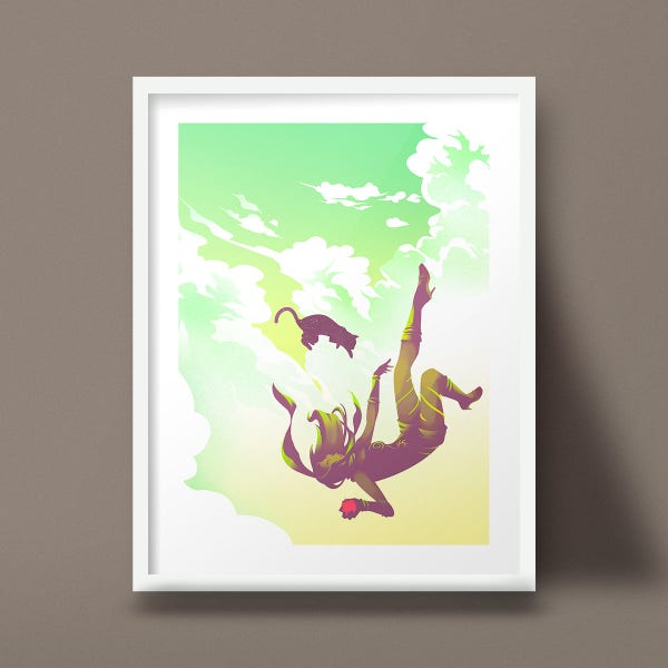 Gravity Rush Kat and Dusty Art Print Flying through Clouds and Sky Design