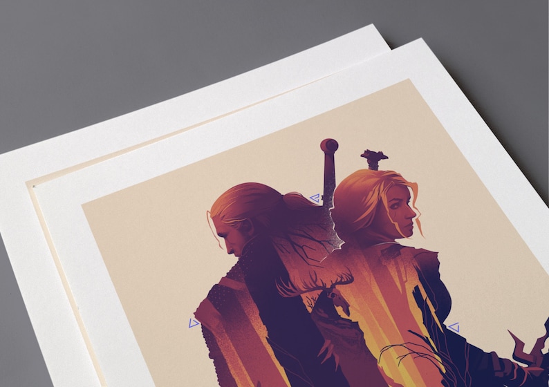 A digital illustration of two silhouetted figures, a man and a woman, standing side-by-side. The man is on the left and has long hair.  The woman is on the right, with long, blonde hair.  The interior of the silhouette is a warm, orange and yellow color, with a forest scene and a monster lurking in the forest.