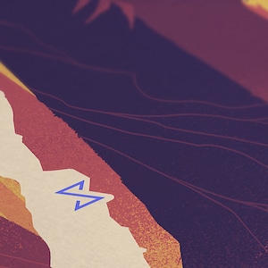 A close-up of a blue rune in the center of a white area. The white area is surrounded by a red, orange, and yellow background of the forest scene.