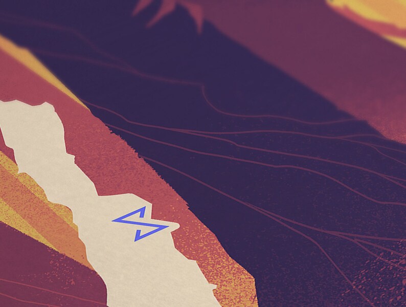 A close-up of a blue rune in the center of a white area. The white area is surrounded by a red, orange, and yellow background of the forest scene.