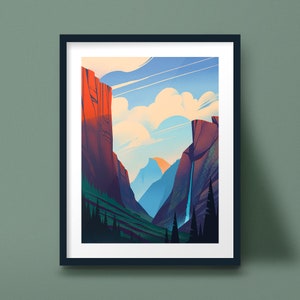 A framed art print featuring a stylized landscape illustration of a deep valley with towering red cliffs, a distant blue mountain peak, a thin waterfall, and dark green pine trees under a sky filled with soft, rounded clouds.