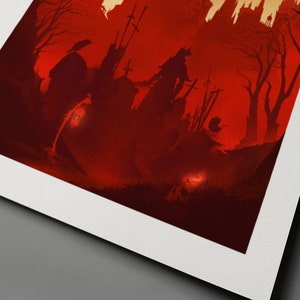May include: A red and black illustration of a group of figures in a graveyard. The figures are silhouetted against a red background, and the graveyard is filled with tombstones and crosses. The image is a dark and eerie depiction of a graveyard.