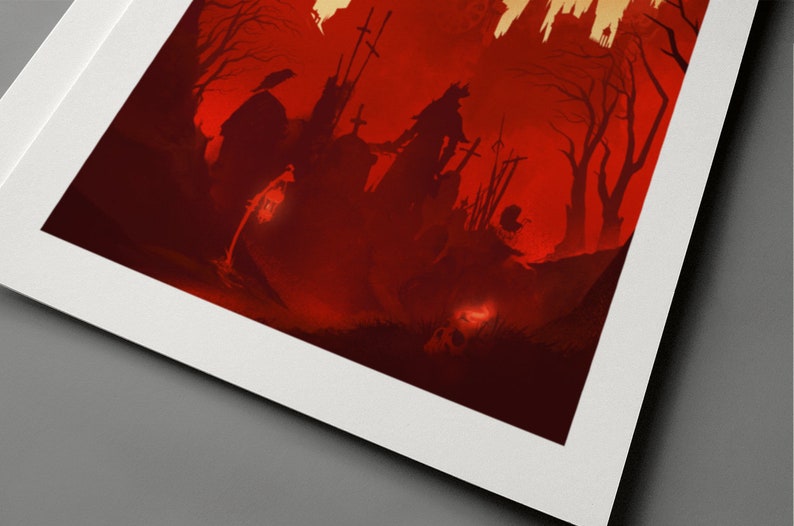 May include: A red and black illustration of a group of figures in a graveyard. The figures are silhouetted against a red background, and the graveyard is filled with tombstones and crosses. The image is a dark and eerie depiction of a graveyard.