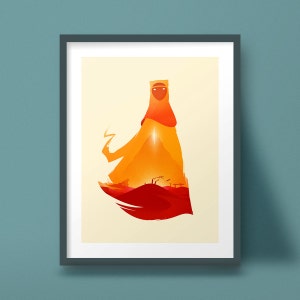 A framed image of the The Traveler from the video game Journey. Within the shape of The Traveler is a desert scene with the mountain in the back. The Traveler and scene within are orange and red, the background is cream, and there is a white border.