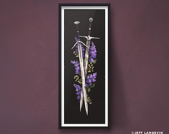 Steel and Silver Sword Print | Lilac Floral Fantasy Poster | Dark Academia Decor