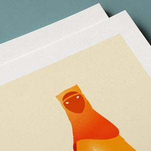 The top of the print depicts the hooded face of The Traveler looking at the viewer. The primary colors of the character are orange and red with some yellow. The background is cream and there is a white border on the page.