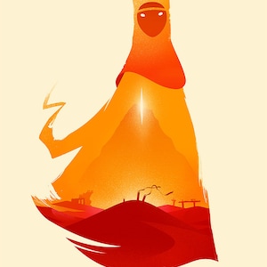 The Traveler from the video game Journey. Within the shape of The Traveler is a desert scene with the mountain in the back. The Traveler and scene within are orange and red, the background is cream, and there is a white border.