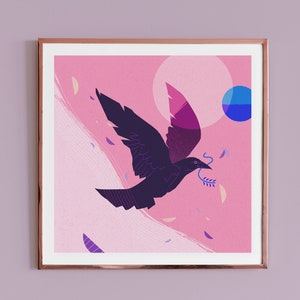 Magpie art print, bird in flight holding sprig illustration