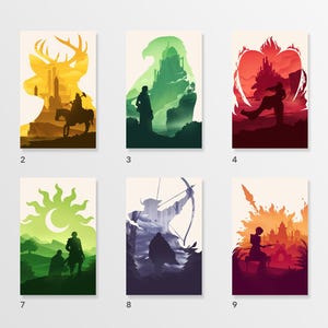 May include: Set of ten art prints featuring silhouette designs in various colors. Each print showcases a different scene with figures, castles, and natural elements. The color palettes range from blues and greens to oranges and purples, creating a cohesive collection.
