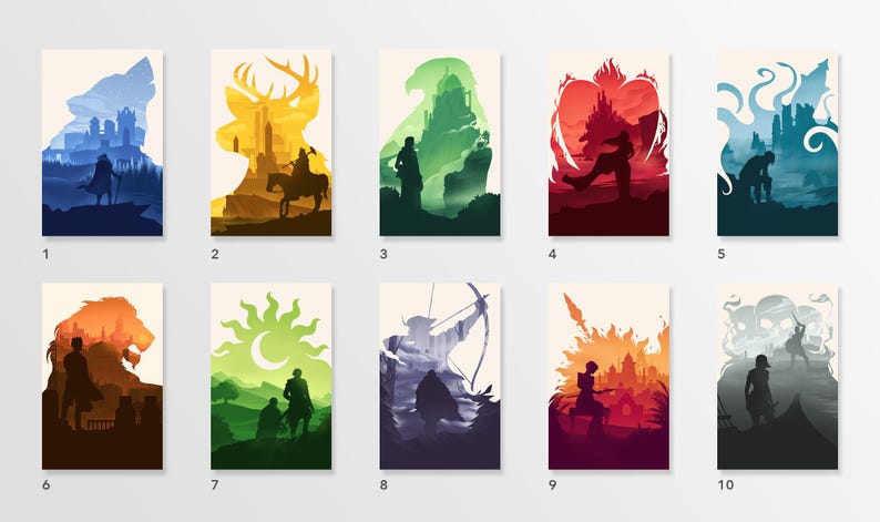 May include: Set of ten art prints featuring silhouette designs in various colors. Each print showcases a different scene with figures, castles, and natural elements. The color palettes range from blues and greens to oranges and purples, creating a cohesive collection.