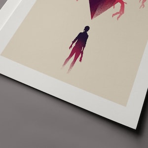 The bottom of the print shows the silhouette of Jesse Faden, holding The Service Weapon. Directly above is the point of an inverted pyramid, centered on the page. Background is beige. Jesse and the pyramid are purple and red. Has a white border.