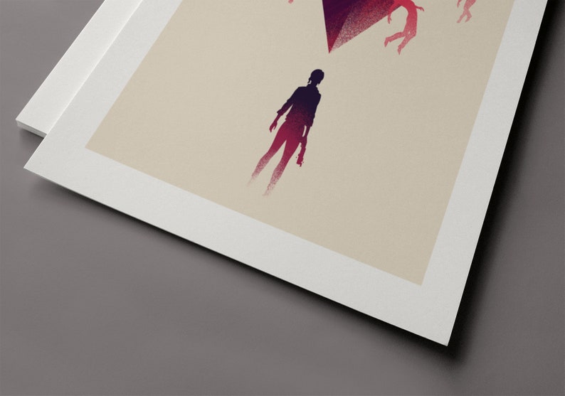 The bottom of the print shows the silhouette of Jesse Faden, holding The Service Weapon. Directly above is the point of an inverted pyramid, centered on the page. Background is beige. Jesse and the pyramid are purple and red. Has a white border.