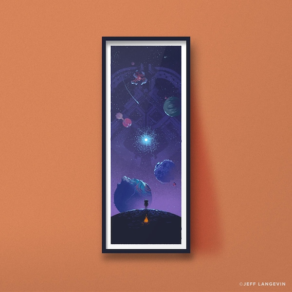 Grote kunstprint van de game Outer Wilds, posterontwerp met planeten.