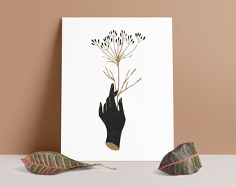 Modern Cumin plant illustration art print, Hand holding spice plant, black and gold