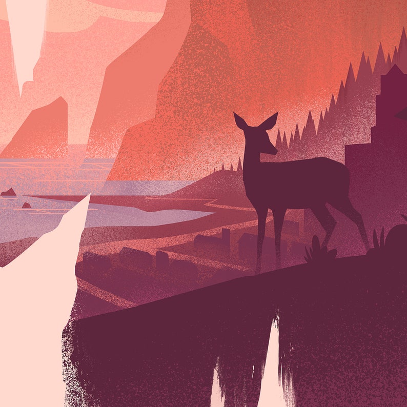 This Life Is Strange art print includes various details such as the figure of a deer, the lighthouse on the cliff, and the buildings of the town of Arcadia Bay.