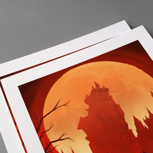 May include: A red and orange illustration of a castle with a large, full moon in the background. The castle is silhouetted against the moon, and there are trees in the foreground.