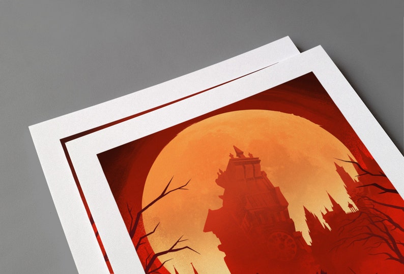 May include: A red and orange illustration of a castle with a large, full moon in the background. The castle is silhouetted against the moon, and there are trees in the foreground.