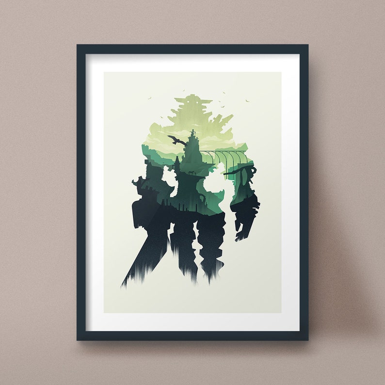 The silhouette of Giaus, the third Colossus Wander meets in the video game Shadow of the Colossus, forms the frame for a depiction of the vast and ancient landscape of the game. Frame not included.