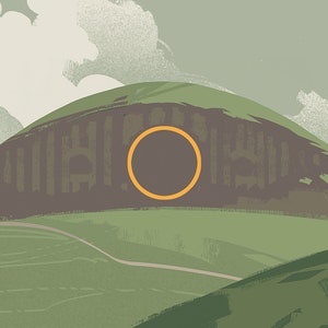 This print evokes the rolling green hills of the Shire, and the path that lies ahead for Frodo and his fellow hobbits. In each print, the ring symbol appears in a static position, taking on a new role each time.