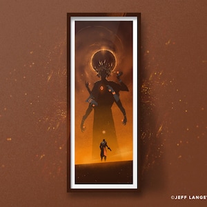 May include: A framed vertical art print featuring a dark silhouette of a multi-armed figure with a glowing halo standing behind a smaller human figure in a desert landscape. The scene uses shades of orange and black, with the text JEFF LANGEVIN.