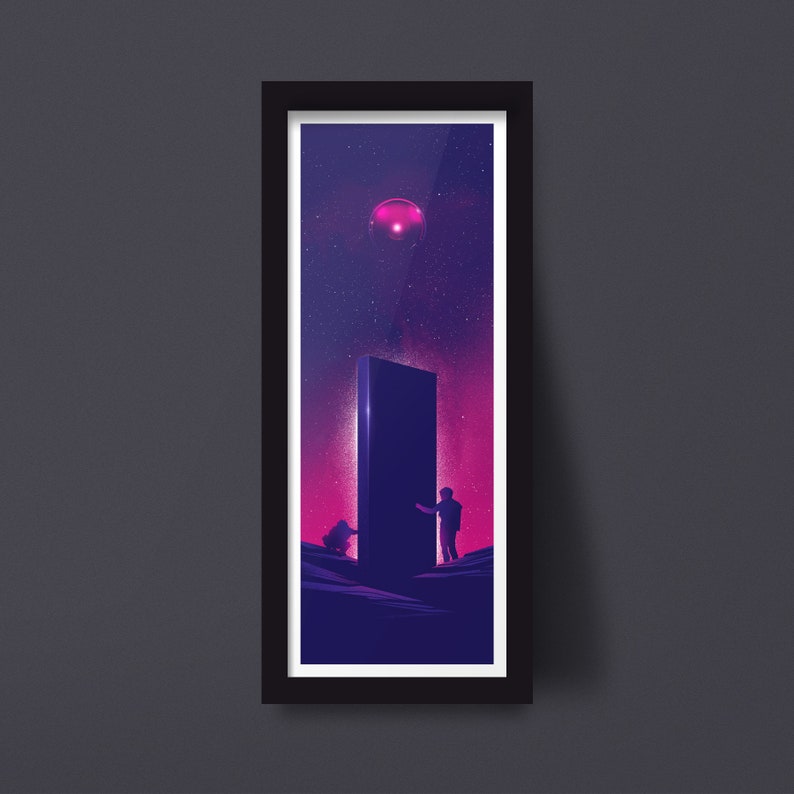 This framed image depicts the eye of HAL 9000 hovering in a starry sky above a monolith standing on rocky ground. To the left of the monolith is an ape, to the right is an astronaut. Colors are purple and neon pink. Print has a white border.