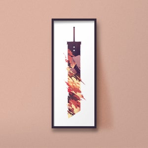 Puede incluir: Una impresión enmarcada de una espada estilizada con un diseño de color naranja y rojo fuego. La espada está delineada en negro y se coloca sobre un fondo blanco.