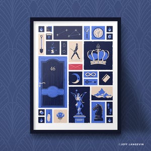 Pode incluir: Uma impressão de arte emoldurada com uma colagem de ilustrações azuis e brancas. A obra de arte inclui uma porta com o número 46, uma coroa, um relógio, uma estátua e outras imagens simbólicas. O fundo é azul escuro com um padrão repetitivo.