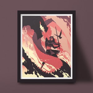 Dragon Slayer Norse, Female Knight, Fire, Raven art print illustration