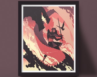 Dragon Slayer Norse, Female Knight, Fire, Raven art print illustration